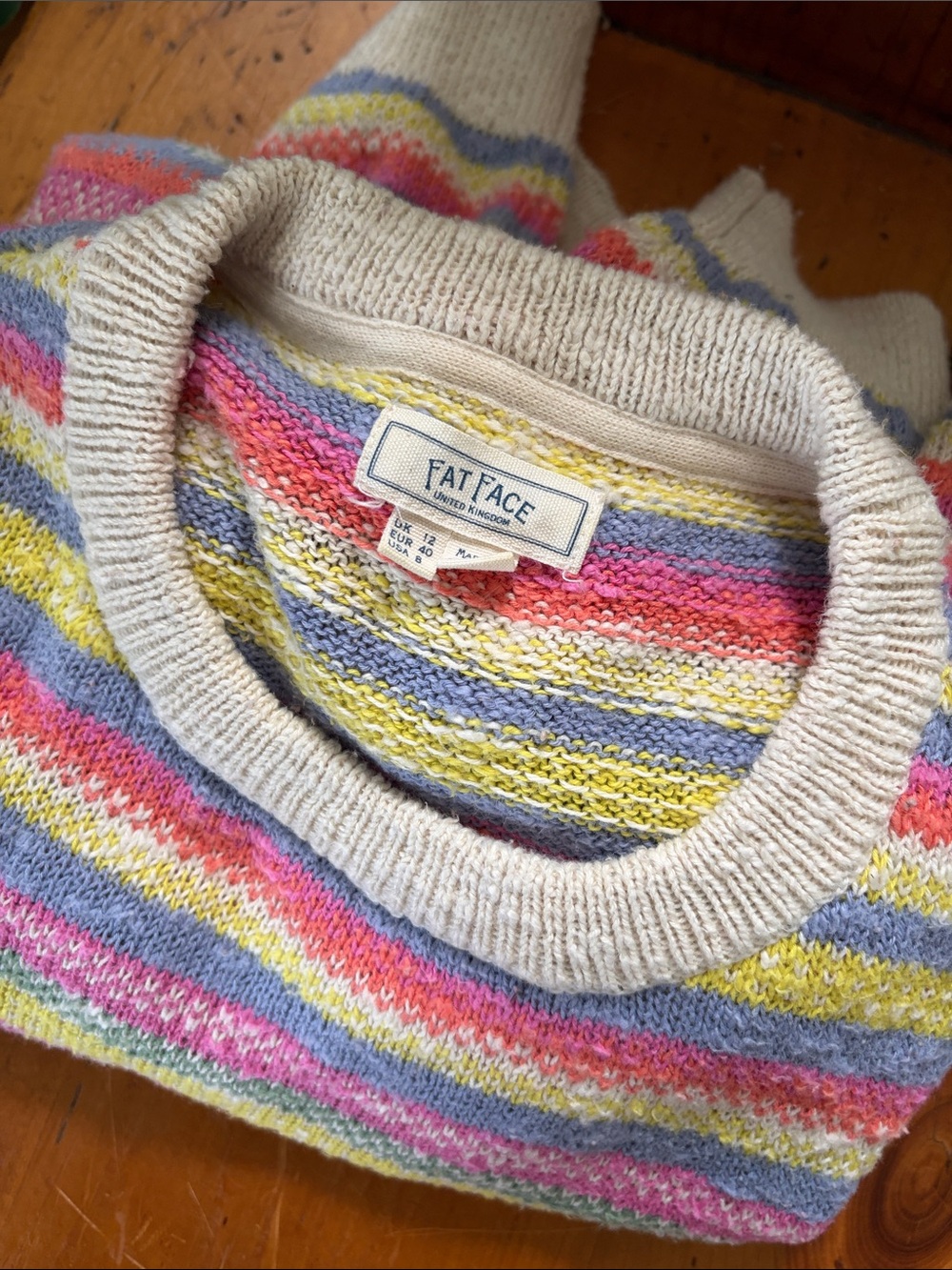 Fat Face Multicolor Striped Crewneck Sweater with Cream Trim
